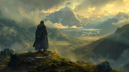 A solitary figure in a cloak stands on a precipice, gazing out over a dramatic mountain valley as the sun breaks through the clouds.