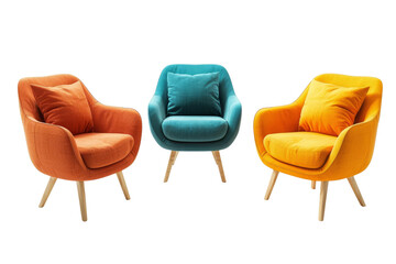Trio of mid-century modern armchairs in bold orange, teal, and yellow colors isolated on black