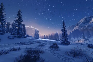 Fototapeta na wymiar Enchanted winter realm A serene snow-covered landscape under a starry night sky