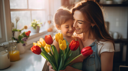 Fototapeta na wymiar Mother and daughter smiling gently, with a bright bouquet of tulips in the foreground.