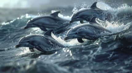 Group of Dolphins Swimming in the Ocean - obrazy, fototapety, plakaty