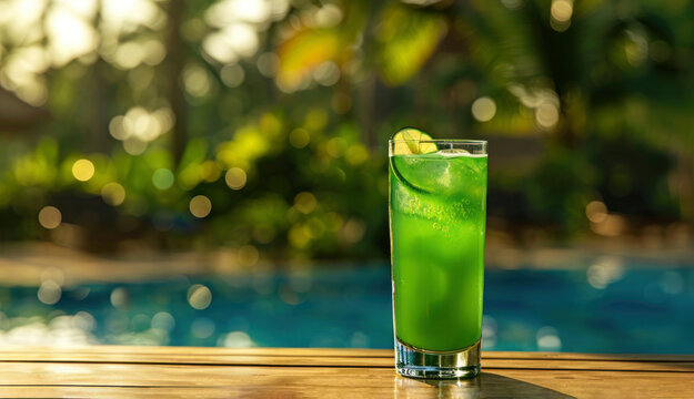Cocktail Green Fairy in tall glass on wooden tabletop on background blurred swimming pool and palms, Copy space
