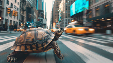 Turtle running extremely fast on busy city street. Side view of Turtle running extremely fast on...
