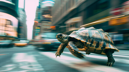 Turtle running extremely fast on busy city street. Side view of Turtle running extremely fast on busy city street at night showing a speed concept. Ai generated image