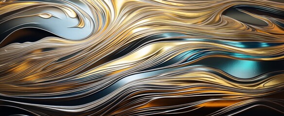 Metallic Paint Flow with Golden and Blue Swirls