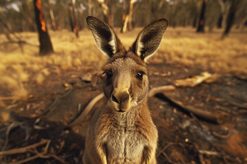 A kangaroo is standing in a forest with dry leaves and dead trees that has been burned by a fire. Effects from forest fires, Animals have no place to live and no food.