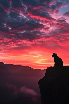 Triumphant cat, silhouette before a vibrant dawn sky, on mountain's edge