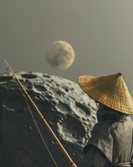 3D man in a straw hat fishing on the moon