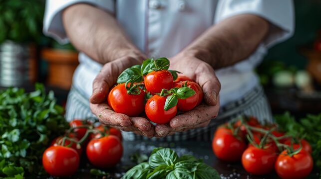 Chef Holding Ripe Tomatoes With Basil