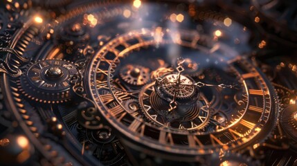 3D scene Giant clock with intricate gears counting down to a dramatic event. - obrazy, fototapety, plakaty