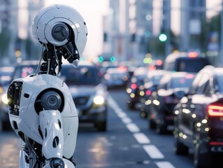 3D robot in transportation, managing and directing traffic flow in smart cities, using AI to improve commute times and reduce congestion