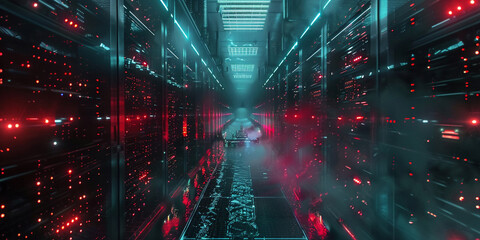 A modern data center featuring multiple servers each equipped with glowing LED lights .
