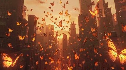 3D swarm of glowing butterflies flying through a deserted city