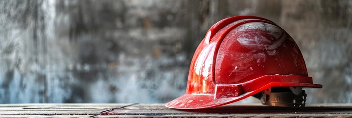 Red protection helmet on simple industrial background. Occupational safety, work, building concept. Wide banner photo for news, advertisement, flyer, social networks, presentation.