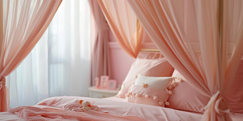 Elegant Empty Pink Canopy Bed. Close-up cozy girlish bedroom featuring a canopy bed draped with delicate curtains and soft pillows. - obrazy, fototapety, plakaty