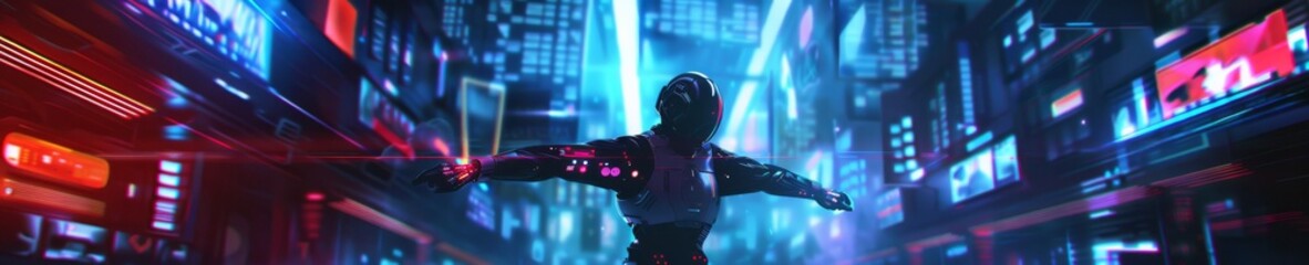 A 3D cyborg executing kung fu moves in a futuristic dojo, with neon lights and holographic displays, showcasing a blend of martial arts and advanced robotics - obrazy, fototapety, plakaty