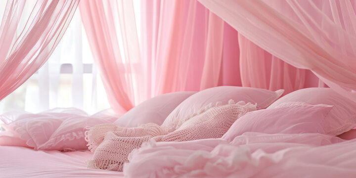 Elegant Empty Pink Canopy Bed. Close-up cozy girlish bedroom featuring a canopy bed draped with delicate curtains and soft pillows.