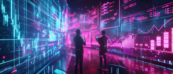 A 3D depiction of a futuristic neon investment firm, with analysts examining glowing charts and digital financial models