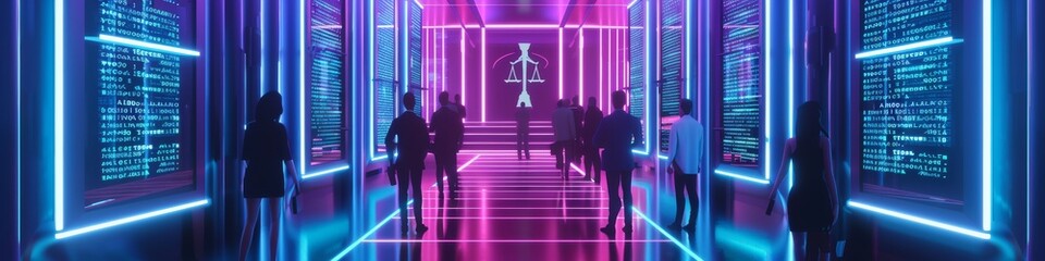 A 3D depiction of a neon-lit legal firm, with lawyers accessing cases through glowing, digital archives - obrazy, fototapety, plakaty