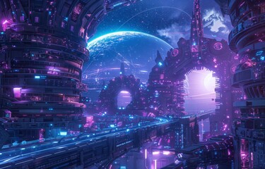 A 3D depiction of a neon-lit space colony, with habitats glowing under alien skies and high-tech facilities