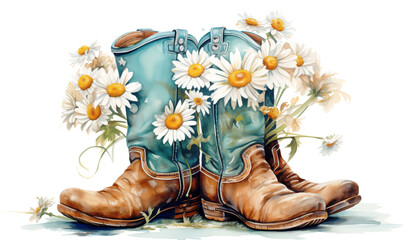 turquoise cowboy boots with a Shasta daisy floral bouquet in a side view PNG, in a Country decor-themed, isolated, and transparent watercolor illustration.  Generative ai