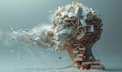 A head made of books is blowing out smoke. Concept of chaos and disarray, as the books are scattered all over the place. The smoke coming out of the head adds to the feeling of disorder and confusion. - obrazy, fototapety, plakaty