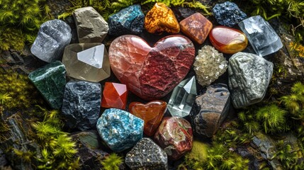 An arrangement of various small, polished crystals forming a heart shape on a backdrop of moss and earth, embodying the heart-centered energy and loving intention in Reiki practice - obrazy, fototapety, plakaty
