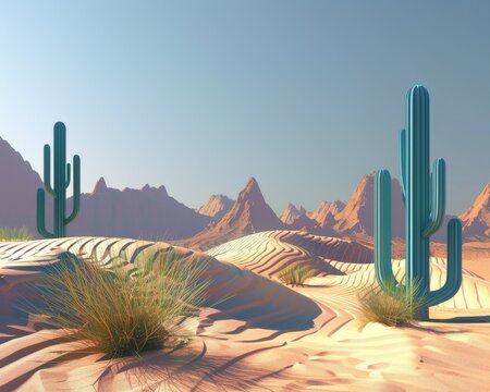 A 3D desert with 3D sand dunes and 3D cactuses.