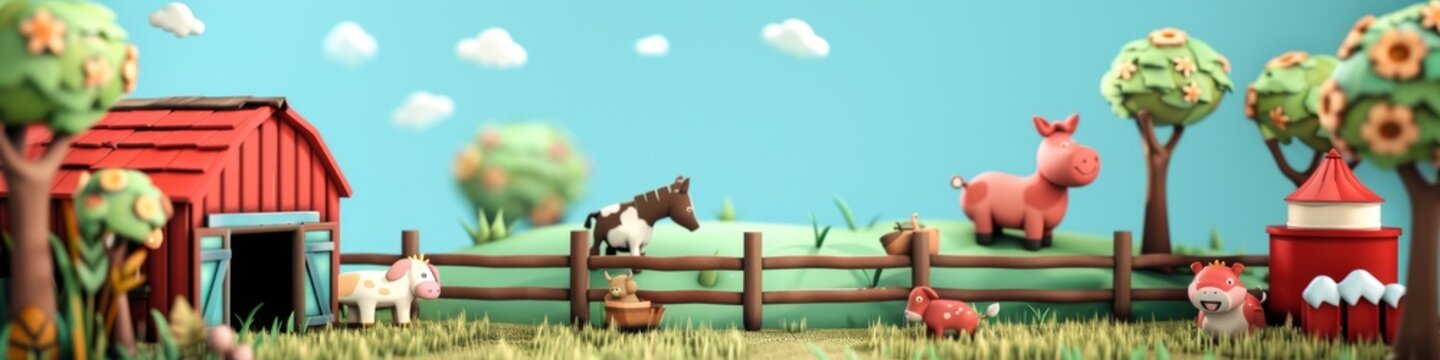 A 3D digital farm scene with cartoon animals and barns, creating a rustic and cute background with space for ads