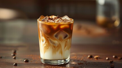 Glass of iced coffee with a milk and coffee swirl - obrazy, fototapety, plakaty
