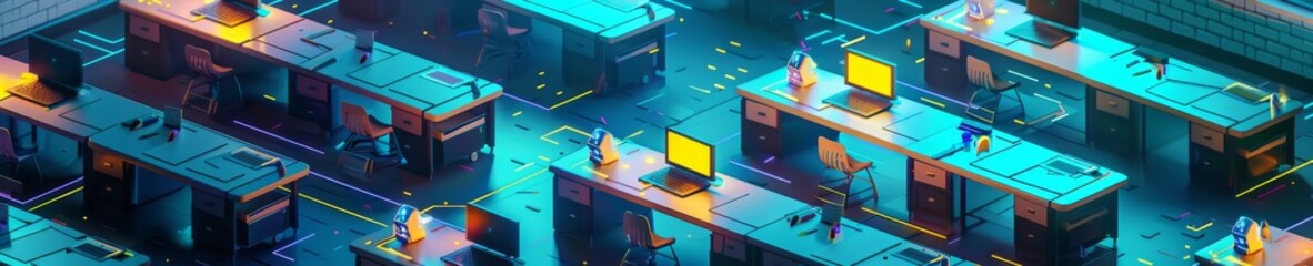 A 3D isometric classroom in the future, with glowing desks and cute, miniature robots teaching students - obrazy, fototapety, plakaty