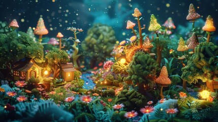 A 3D isometric scene of a cute enchanted forest, with magical creatures, tree houses, and glowing flowers under a starry sky