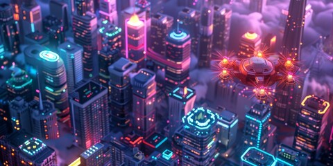 Fototapeta premium A 3D isometric scene of a futuristic, glowing cityscape at dusk, with cute, animated drones flying above