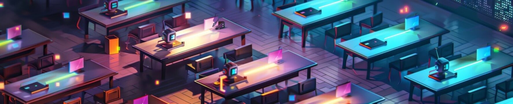 A 3D isometric classroom in the future, with glowing desks and cute, miniature robots teaching students