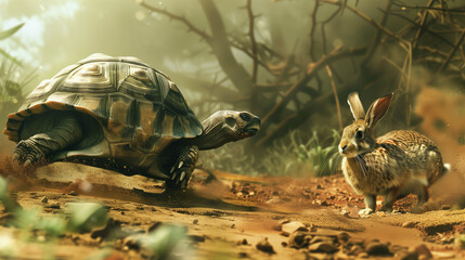 Grunge Turtle and Hare Race. tortoise leading in a hare race in strategy and leadership concept, Ai generated image