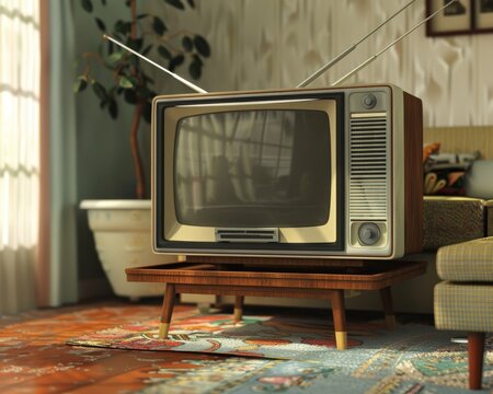 A 3D model of a 1960s television set in a family room, with rabbit ear antennas and a vintage couch