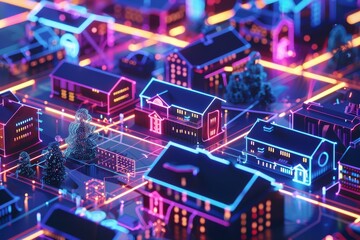 Obraz premium A 3D model of a future neon-lit residential area, with smart homes glowing in synchronized light patterns