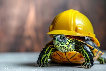 Turtle wearing protection helmet on simple industrial background. Occupational safety, work, building concept. Wide banner photo for news, advertisement, flyer, social networks, presentation.