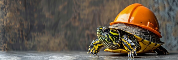 Turtle wearing protection helmet on simple industrial background. Occupational safety, work, building concept. Wide banner photo for news, advertisement, flyer, social networks, presentation.