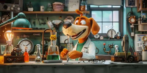 A 3D model of a goofy dog in a lab coat, conducting silly science experiments in a cluttered home lab - obrazy, fototapety, plakaty