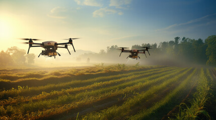Fototapeta premium Drones flying over a golden wheat field at sunrise, with a serene rural landscape in the background.