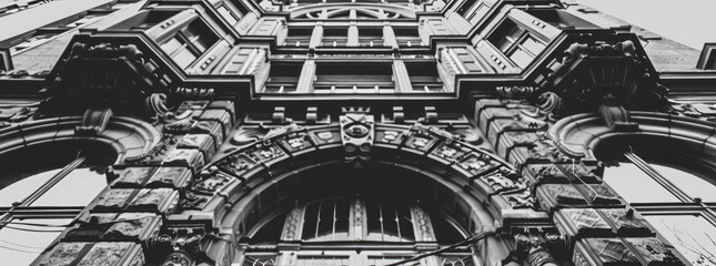 Produce a series of black and white photos highlighting the intricate details of historical building facades, film stock