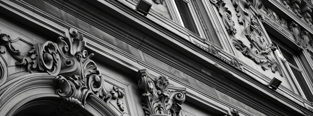 Produce a series of black and white photos highlighting the intricate details of historical building facades, film stock - obrazy, fototapety, plakaty