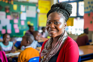 Portrait of smiling teacher and students in classroom at elementary school.
