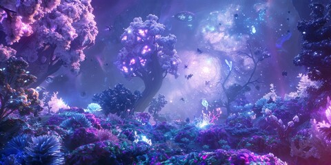 Naklejka na ściany i meble A 3D rendering of a planetary garden with mythical creatures and plants that glow under the light of a nebula