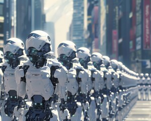 A 3D robot army marching through a city.