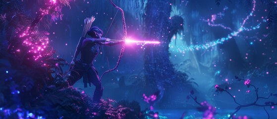 A 3D scene of a space elf archer shooting glowing arrows at dark matter entities in the nebula woods