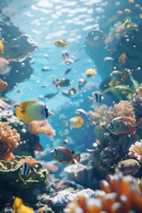 Fototapeta na wymiar A 3D school of fish swimming in a 3D coral reef.
