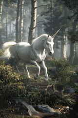 Obraz na płótnie Canvas A 3D unicorn galloping through a 3D forest.
