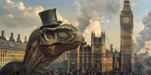 Fototapeta premium A Brontosaurus in Victorian England, wearing a top hat and monocle, strolling through London's streets as a gentle giant